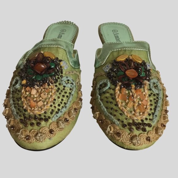 Amanda Moroccan Lights Green Beaded Mule Slides Embellished Satin Boho Size 9M - Picture 2 of 6